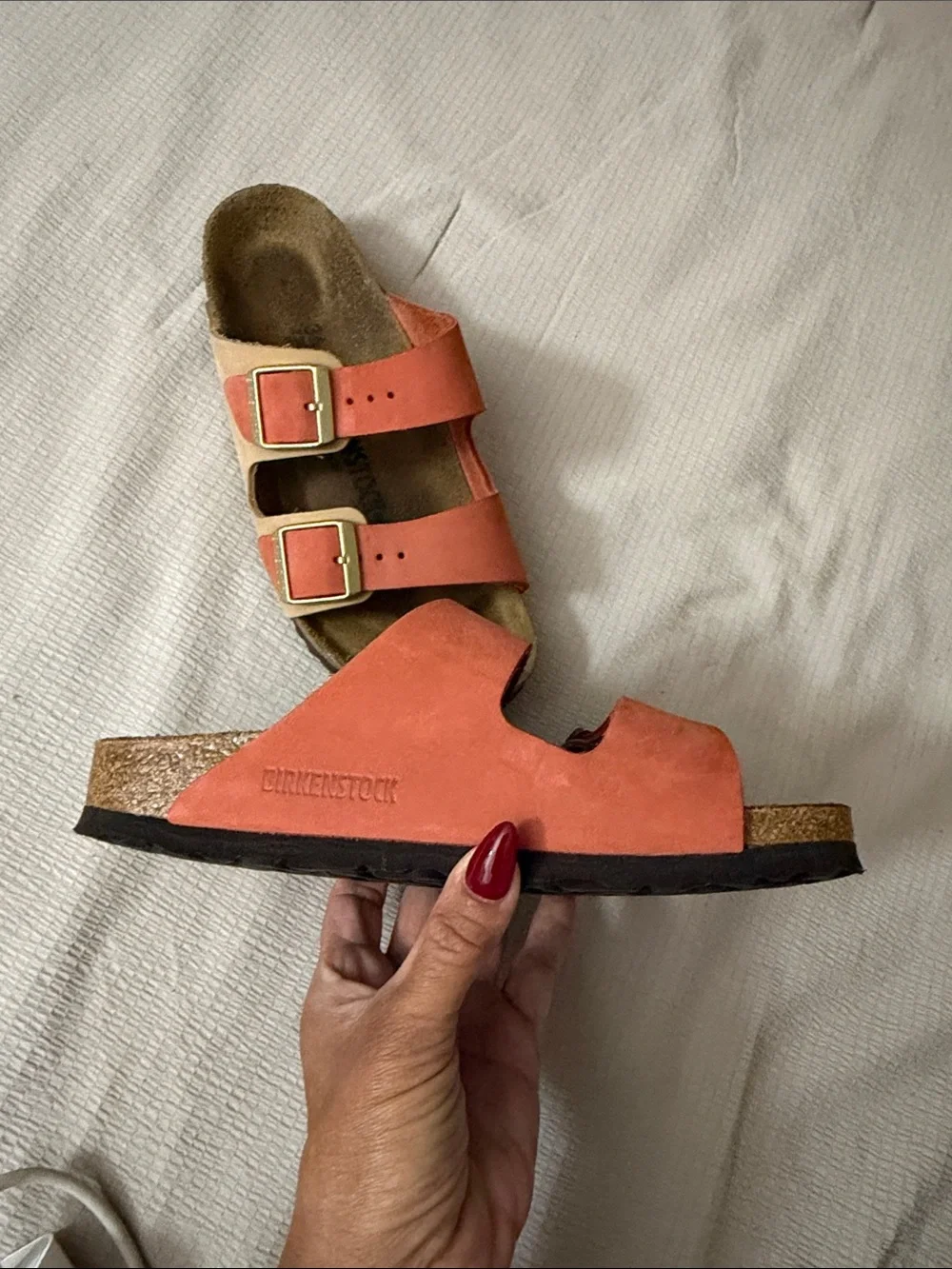 Birkenstock Arizona Sandal in Mars Red and Sandcastle Trim